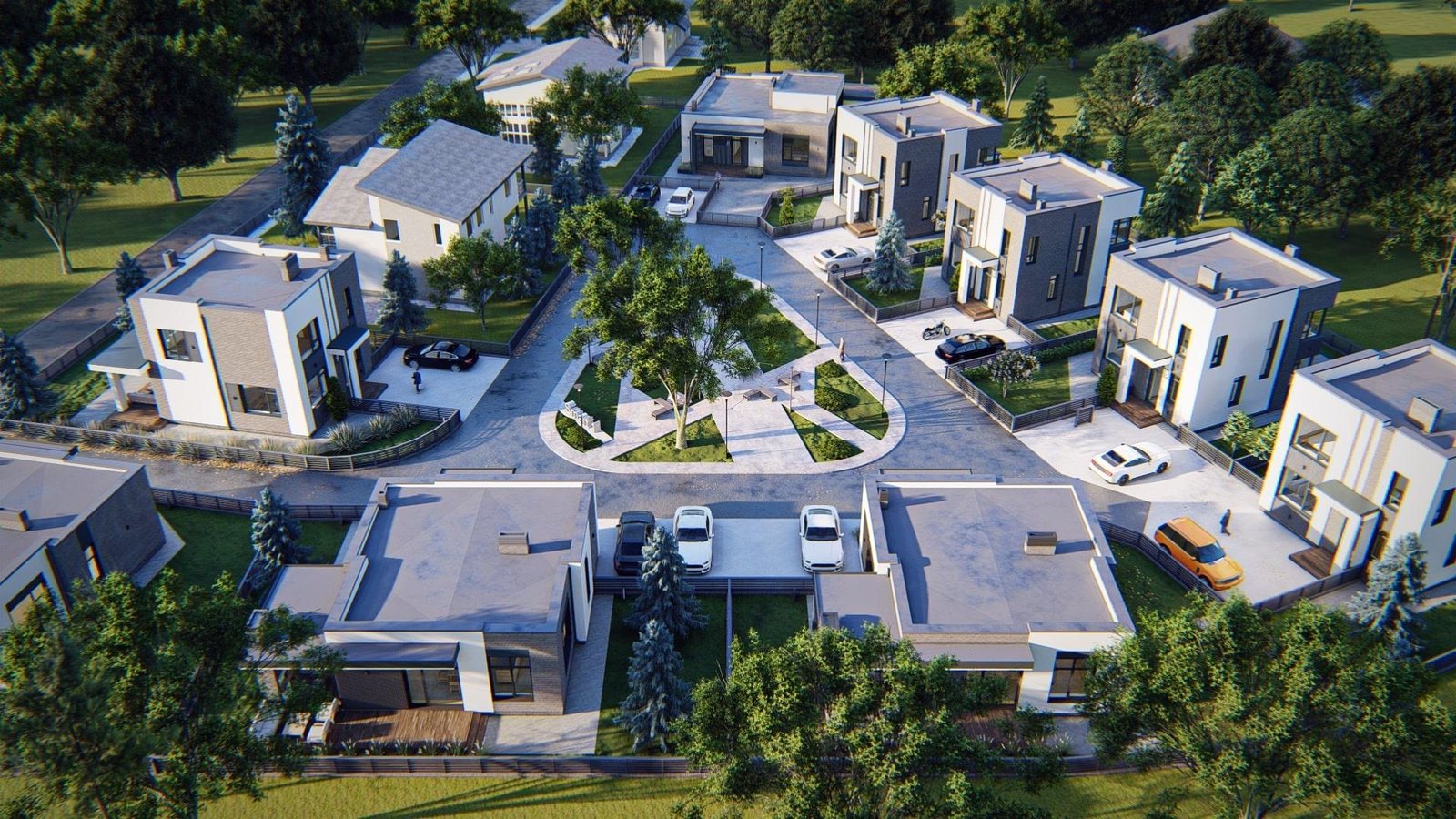 Master-plan aerial - cottage lots, interior lanes, shared green and parking courts